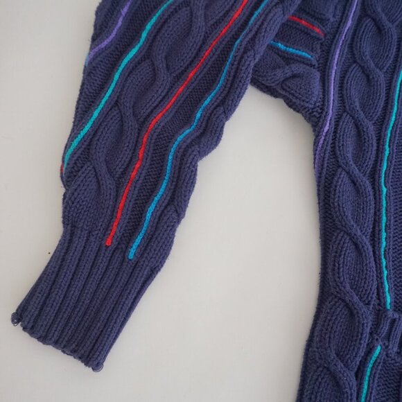 VTG Leo Chevalier Sport Navy Multicolor Stripe Cable Net 100% Cotton Cardigan M - Picture 7 of 9